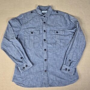 Express Large Chambray Shirt Men Long Sleeve Button Pockets Casual Blue Epaulets